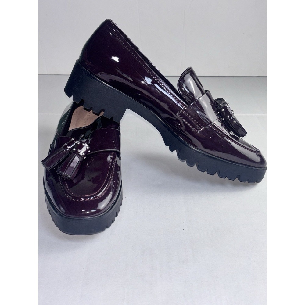 ZARA Trafaluc Burgundy Patent Chunky Loafers Women 6 1/2 Platform Tassels Laufey